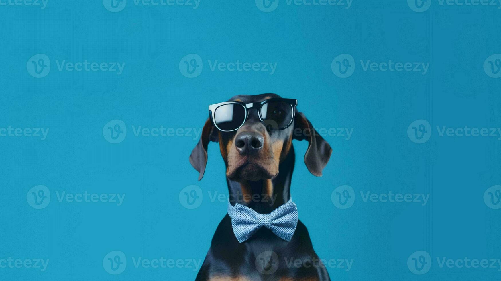 Photo of haughty doberman using sunglasses  and office suit on white background. Generative AI