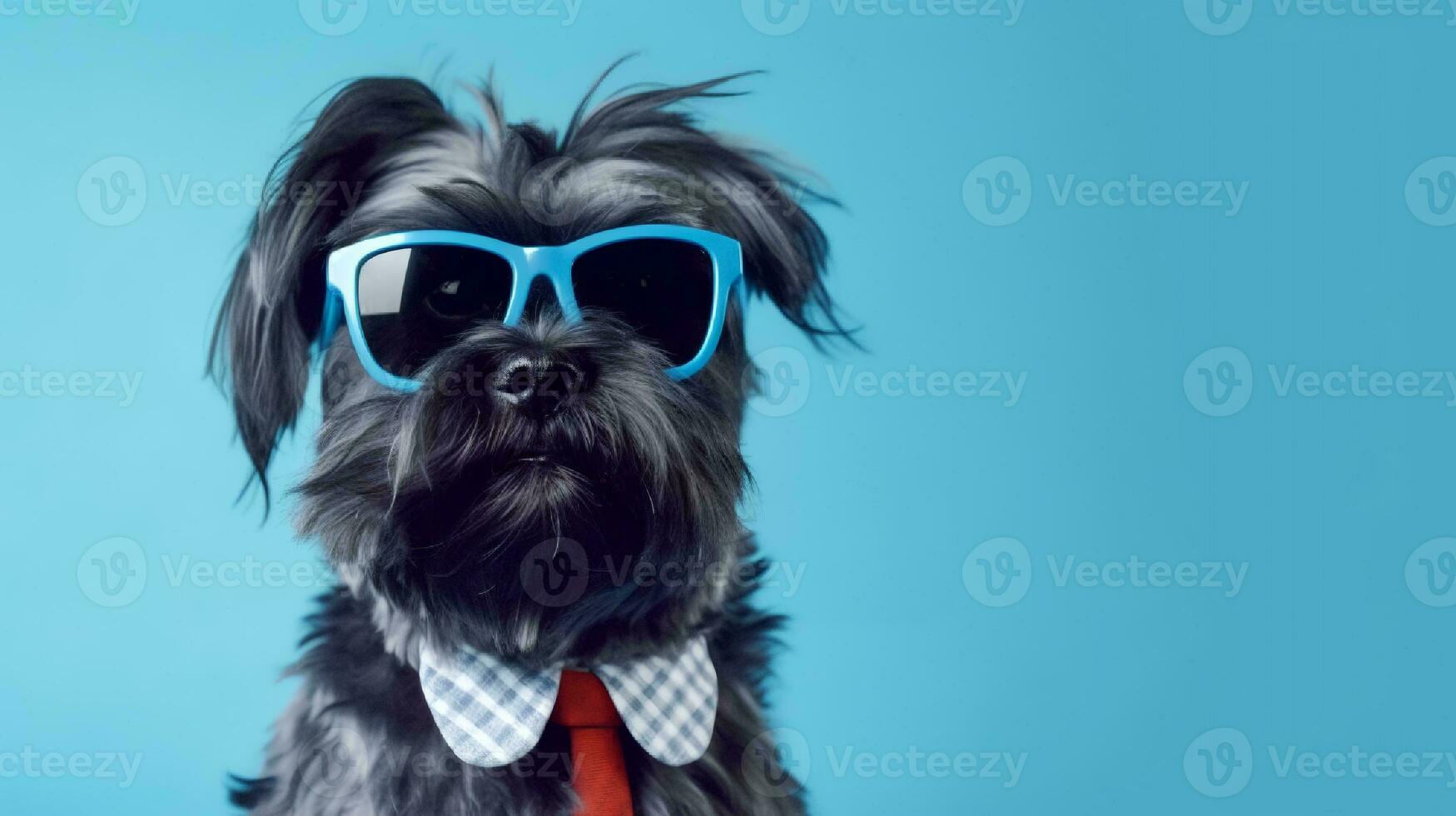 Photo of haughty Affenpinscher dog using glasses  and office suit on blue background. Generative AI