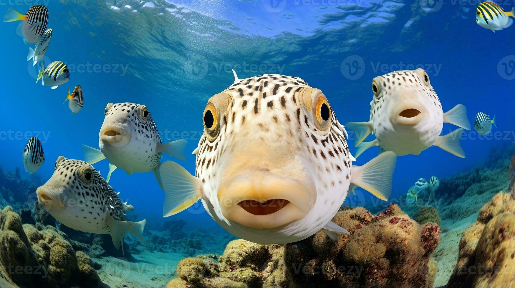 Photo of Pufferfish with various fish between healthy coral reefs in the blue ocean. Generative AI