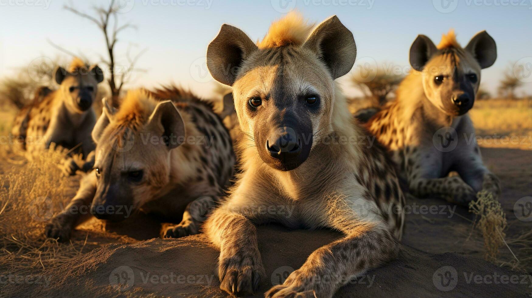 Photo of a herd of Hyena resting in an open area on the Savanna. Generative AI