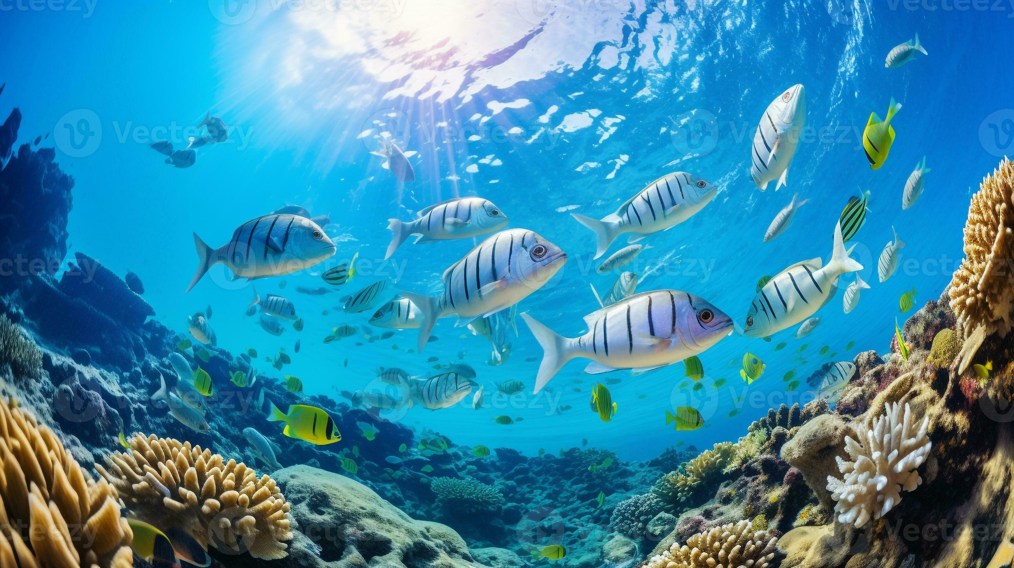 Photo of Zebrafish with various fish between healthy coral reefs in the blue ocean. Generative