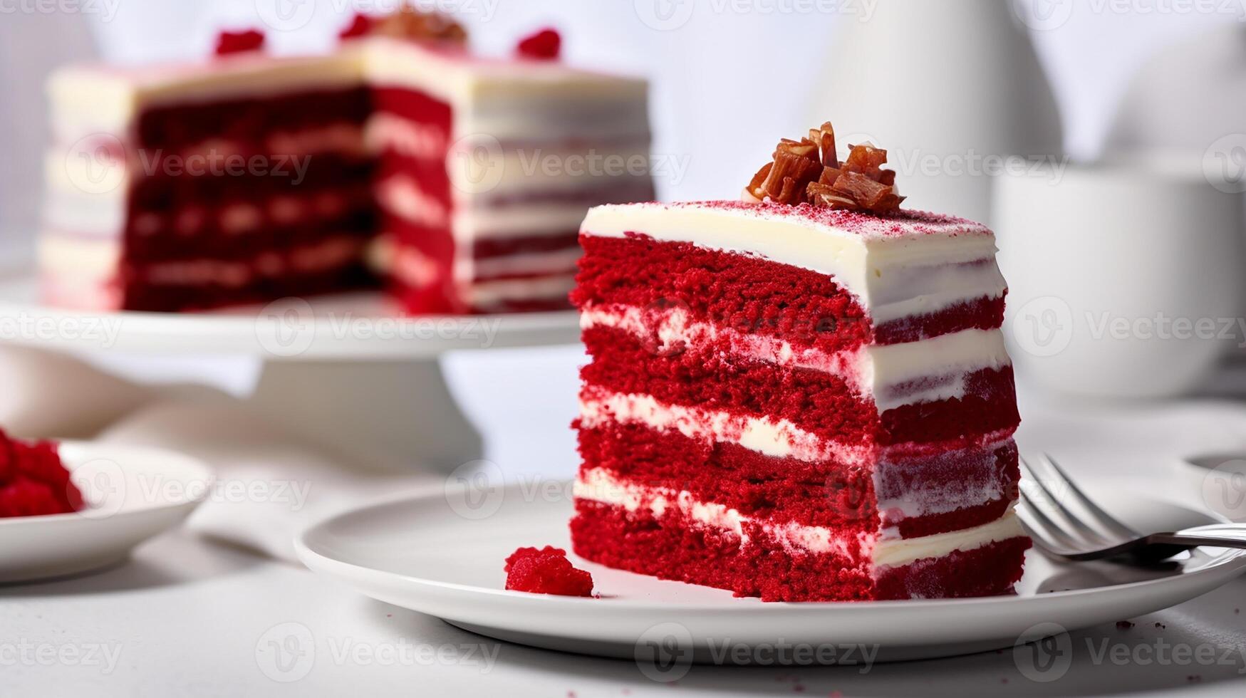 Photo of slice of red velvet on white plate. Generative AI