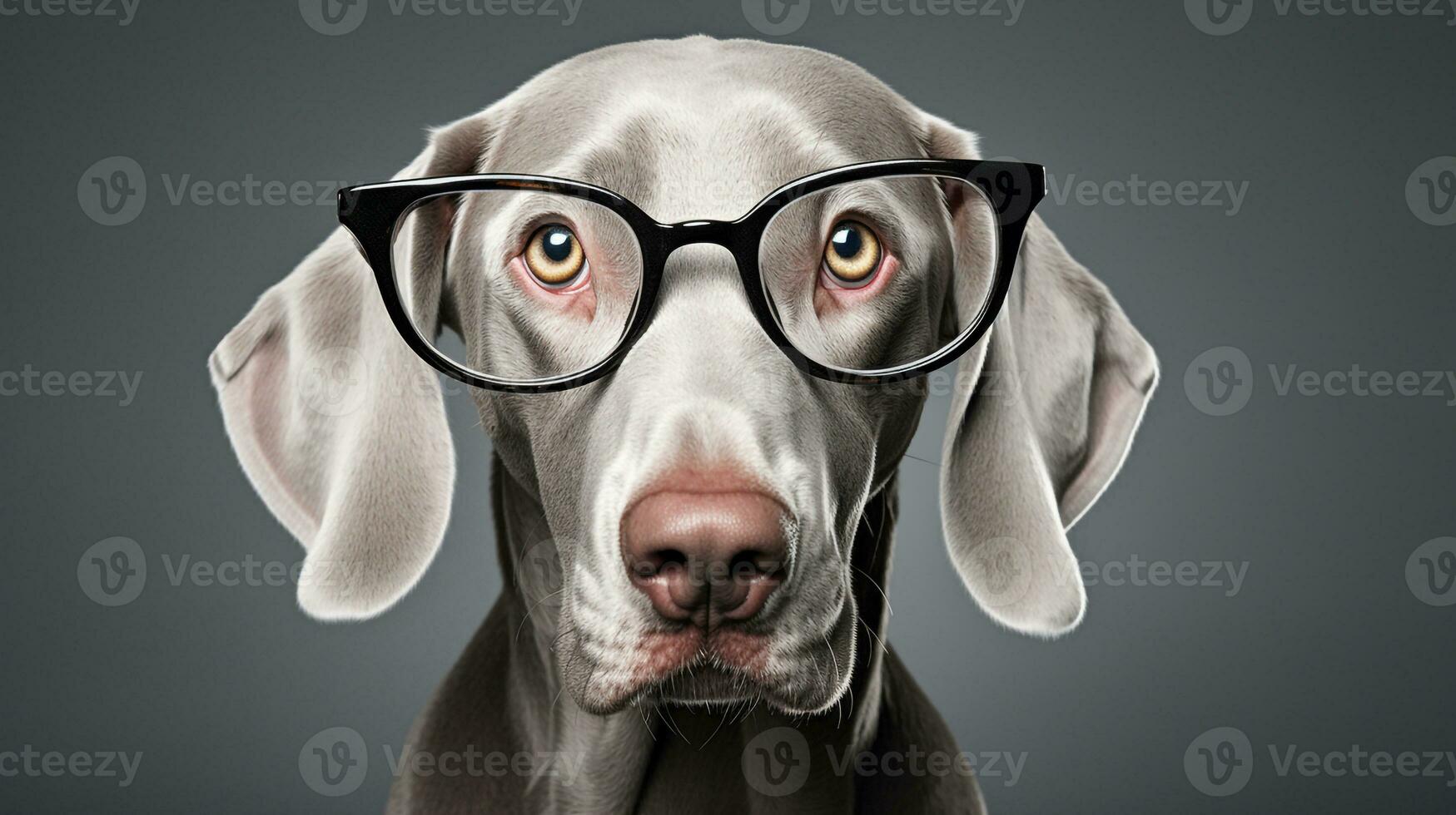Photo of a Weimaraner dog using eyeglasses isolated on white background. Generative AI