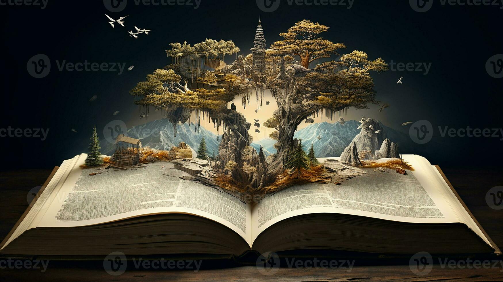 Mystical forest. Opened book with magic tree on dark background. Generative AI photo