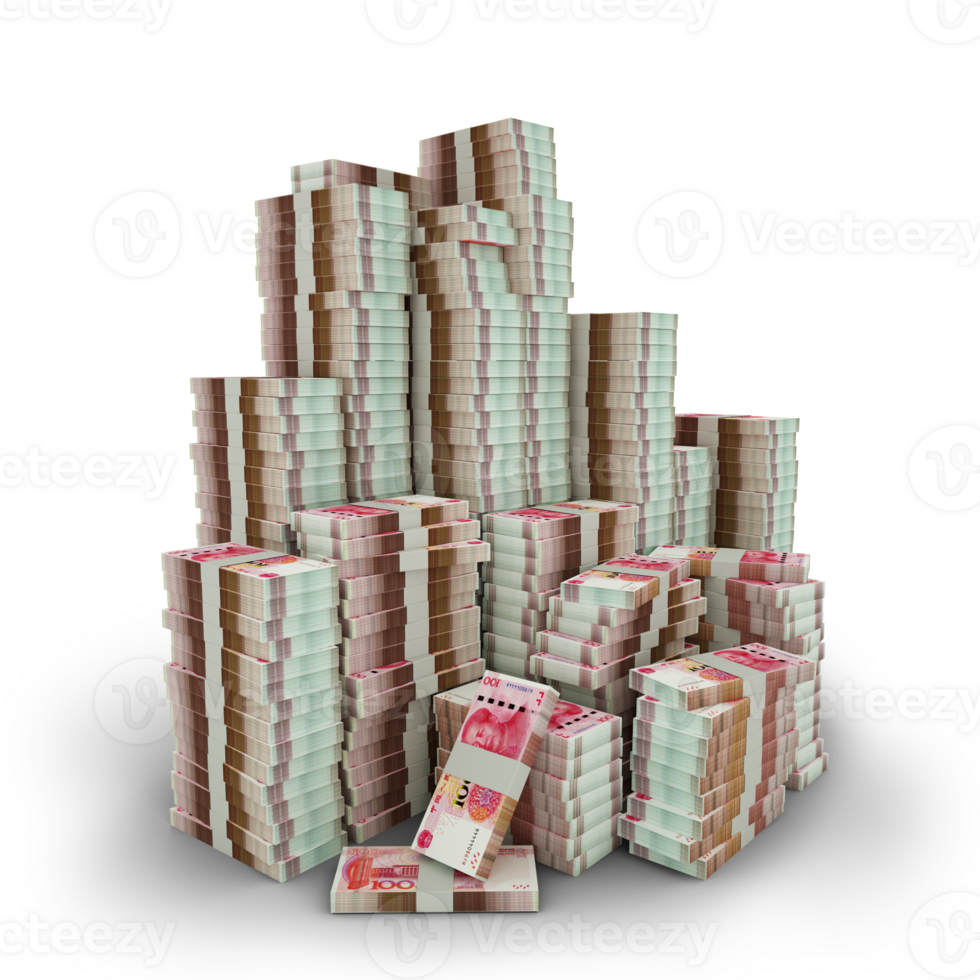 Big stacks of 100 Chinese yuan notes. A lot of money isolated on transparent background. 3d rendering of bundles of arranged cash png