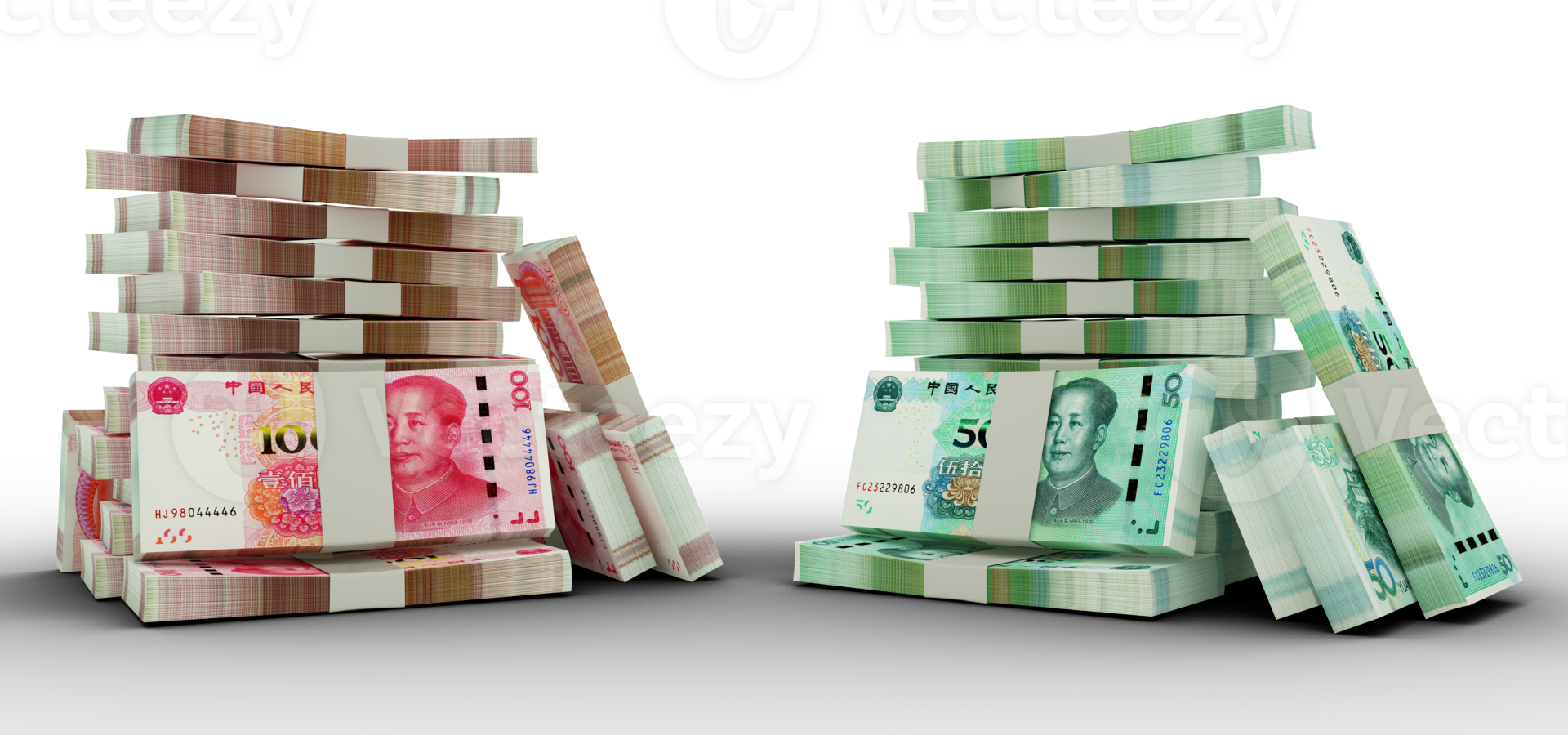 3d rendering of Stacks of 100 and 50 Chinese Yuan notes. bundles of Chinese currency notes isolated on transparent  background png