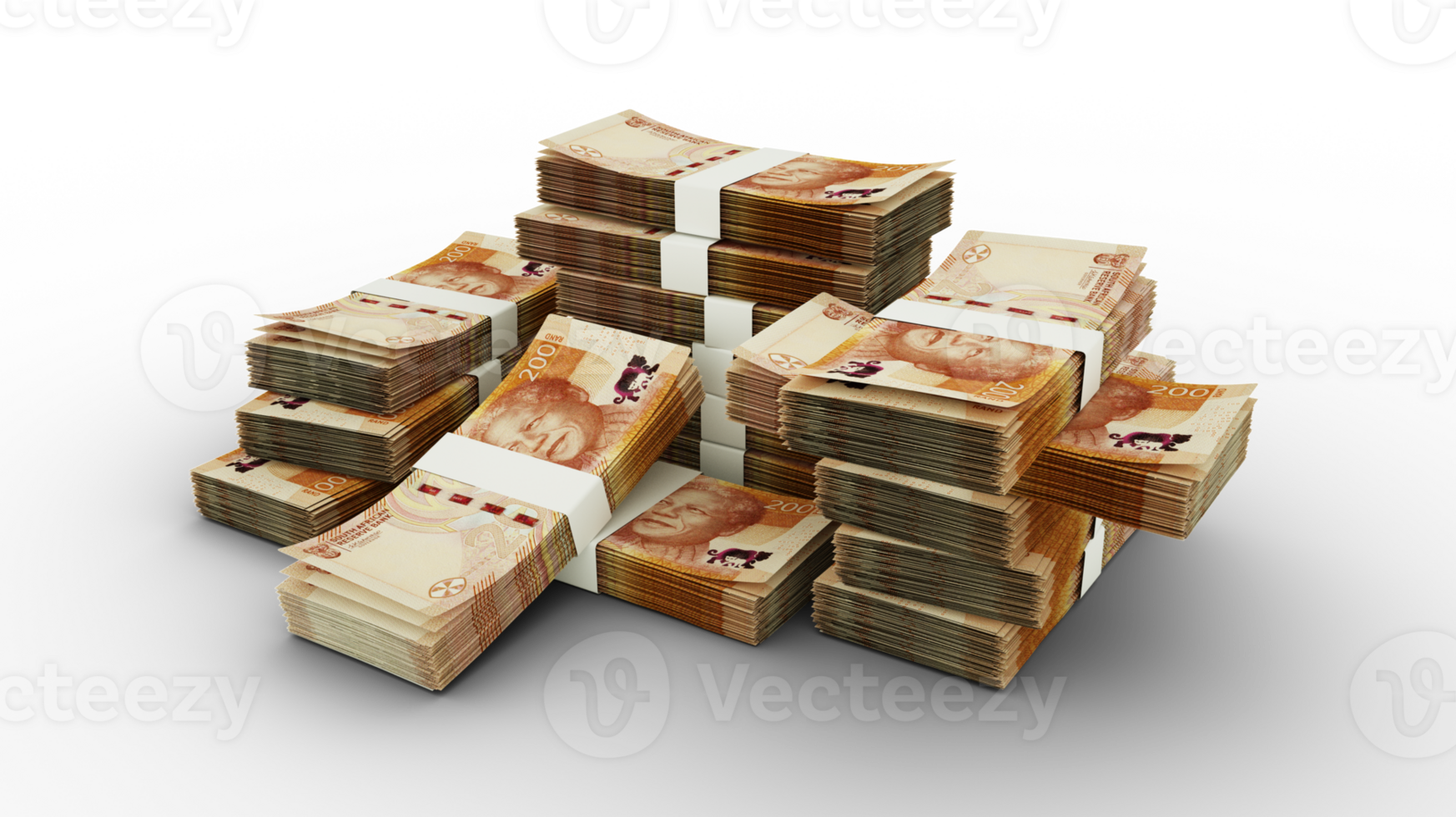 pilha do 200 sul africano rand notas. 3d Renderização do Pacotes do notas png