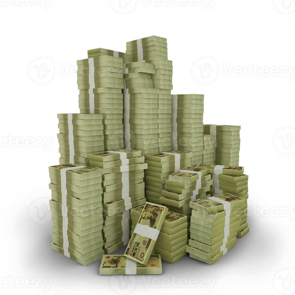 Big stacks of 10000 Japanese yen notes. A lot of money isolated on transparent background. 3d rendering of bundles of arranged cash png