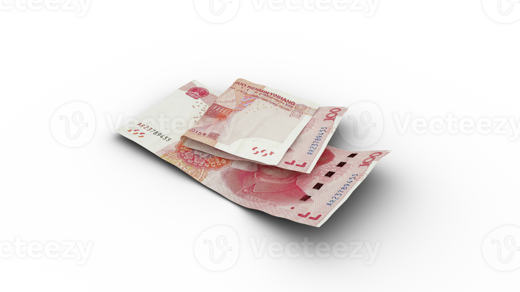 3D rendering of Double 100 Chinese Yuan notes with shadows on transparent background png