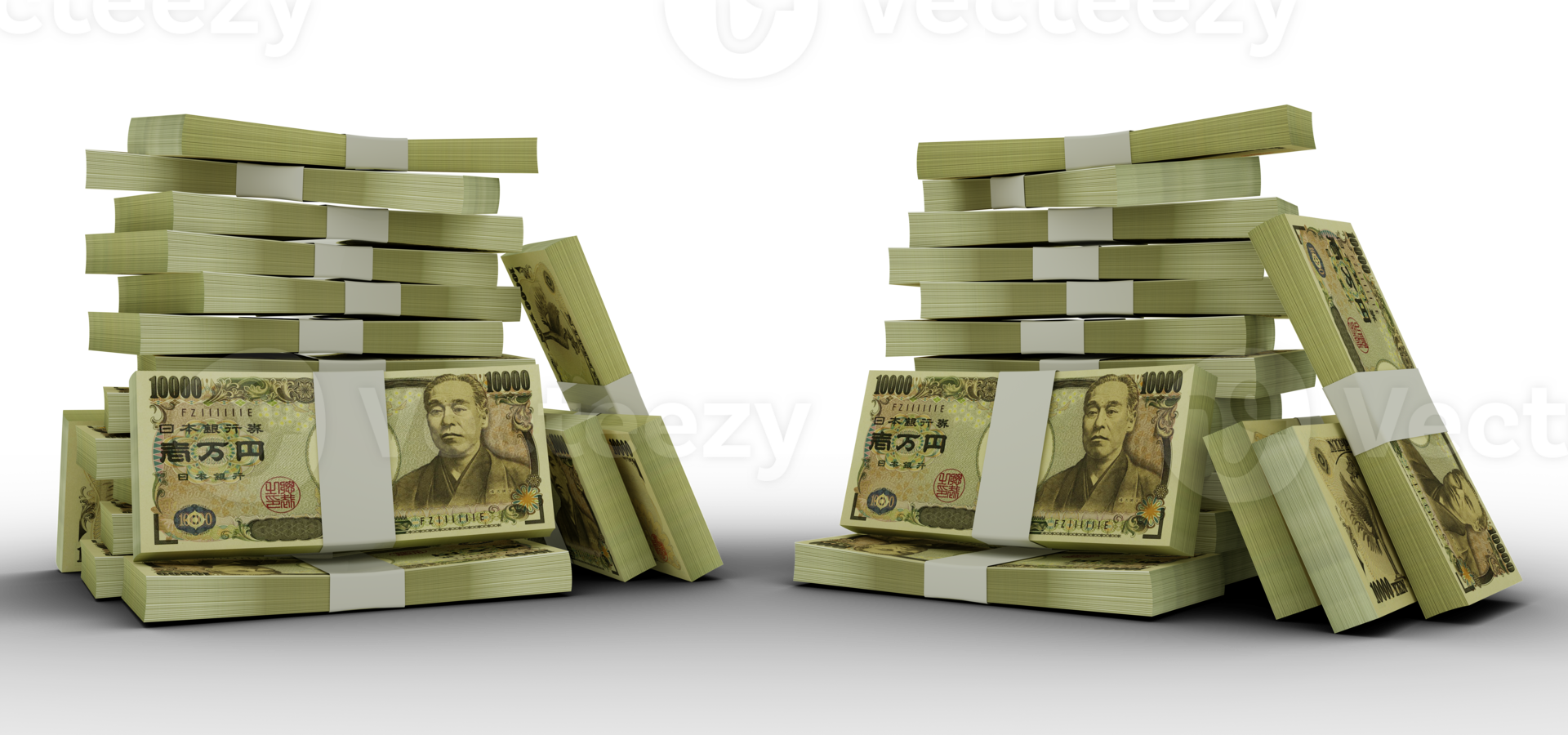 3d rendering of Stacks of 10000 Japanese yen notes. bundles of New Japanese currency notes isolated on transparent  background png