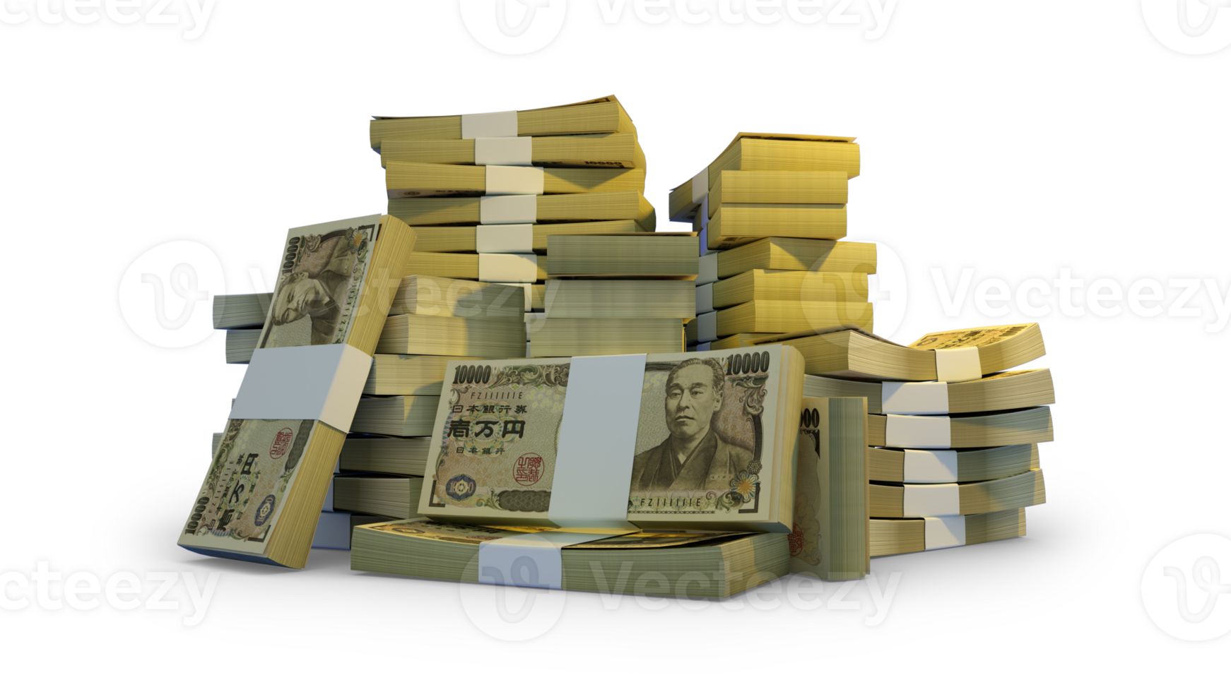 Stacks of Japanese yen notes. A lot of money isolated on transparent  background. 3d rendering of bundles of cash png