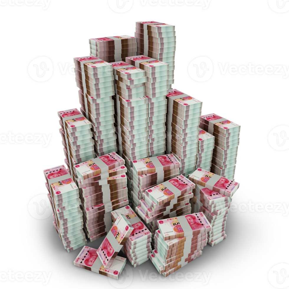 Big stacks of 100 Chinese yuan notes. A lot of money isolated on transparent background. 3d rendering of bundles of arranged cash png