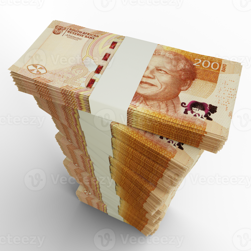 3D rendering of stacks of South African Rand notes arranged in a long single column. 3d rendering of bundles of cash png