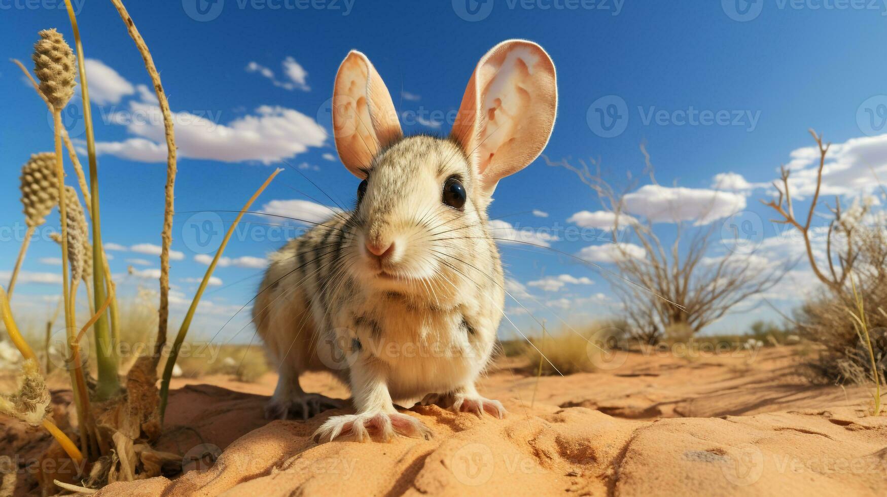 Photo of a Desert Jerboa in a Desert with blue sky. Generative AI