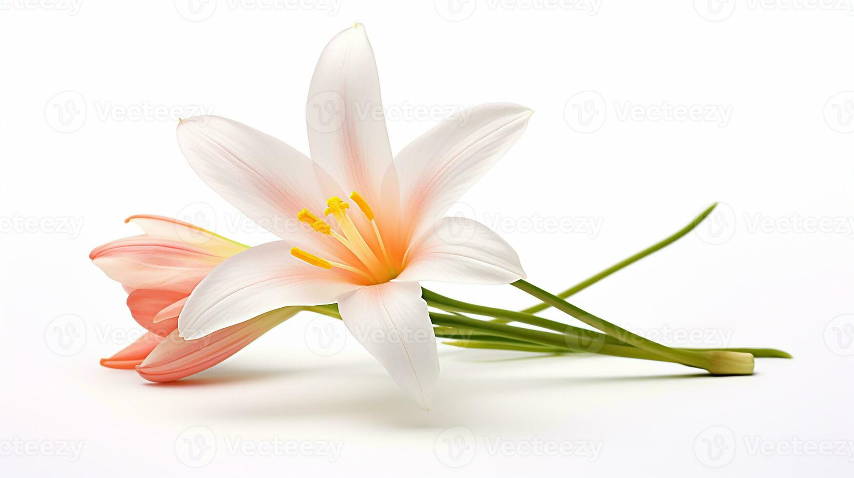 Photo of beautiful Zephyranthes flower isolated on white background. Generative AI