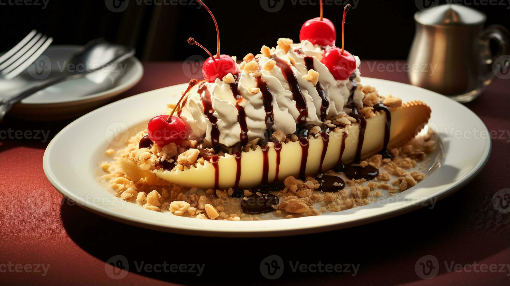 Photo of Banana Split as a dish in a high-end restaurant. Generative AI