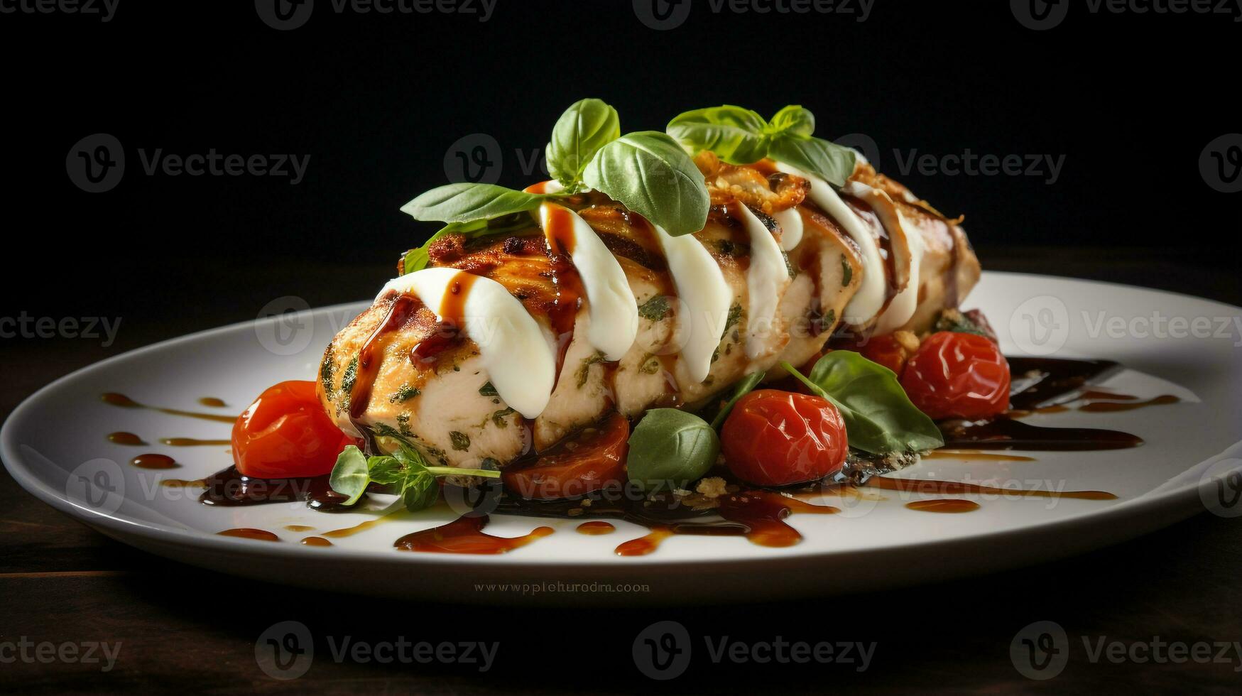 Photo of Caprese Stuffed Chicken as a dish in a high-end restaurant. Generative AI