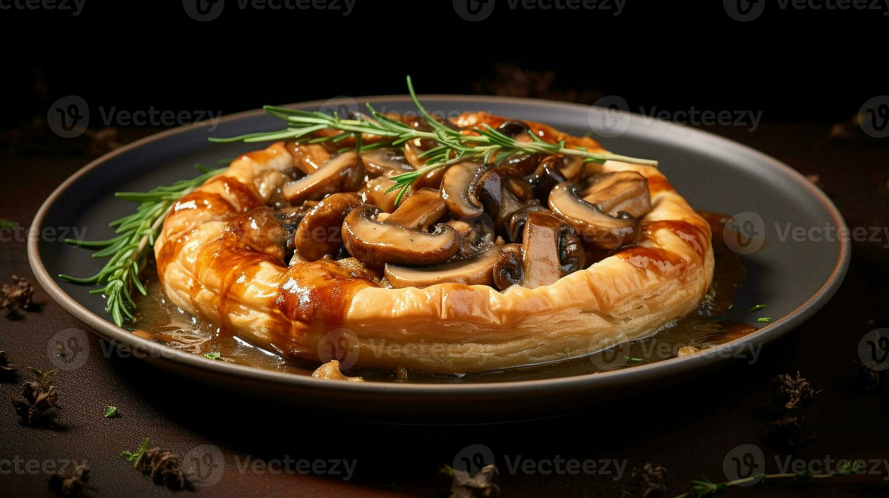 Photo of Mushroom and Chestnut Pie as a dish in a high-end restaurant. Generative AI