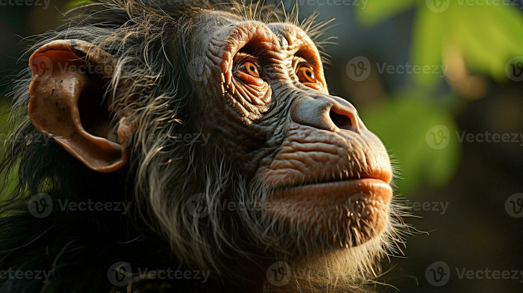 Close-up photo of a Chimpanzee looking any direction on jungle. Generative AI