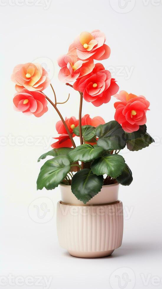 Photo of Begonia flower in pot isolated on white background. Generative AI