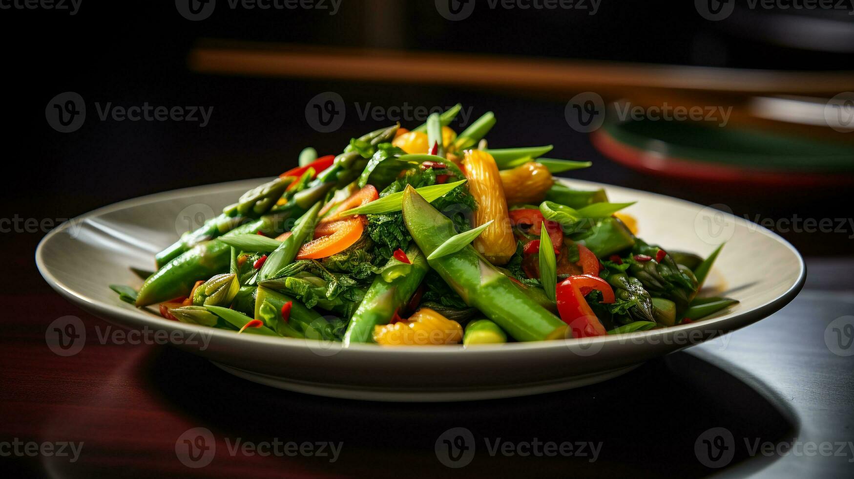 foto de primavera vegetal Salteado como un plato en un gama alta restaurante. generativo ai
