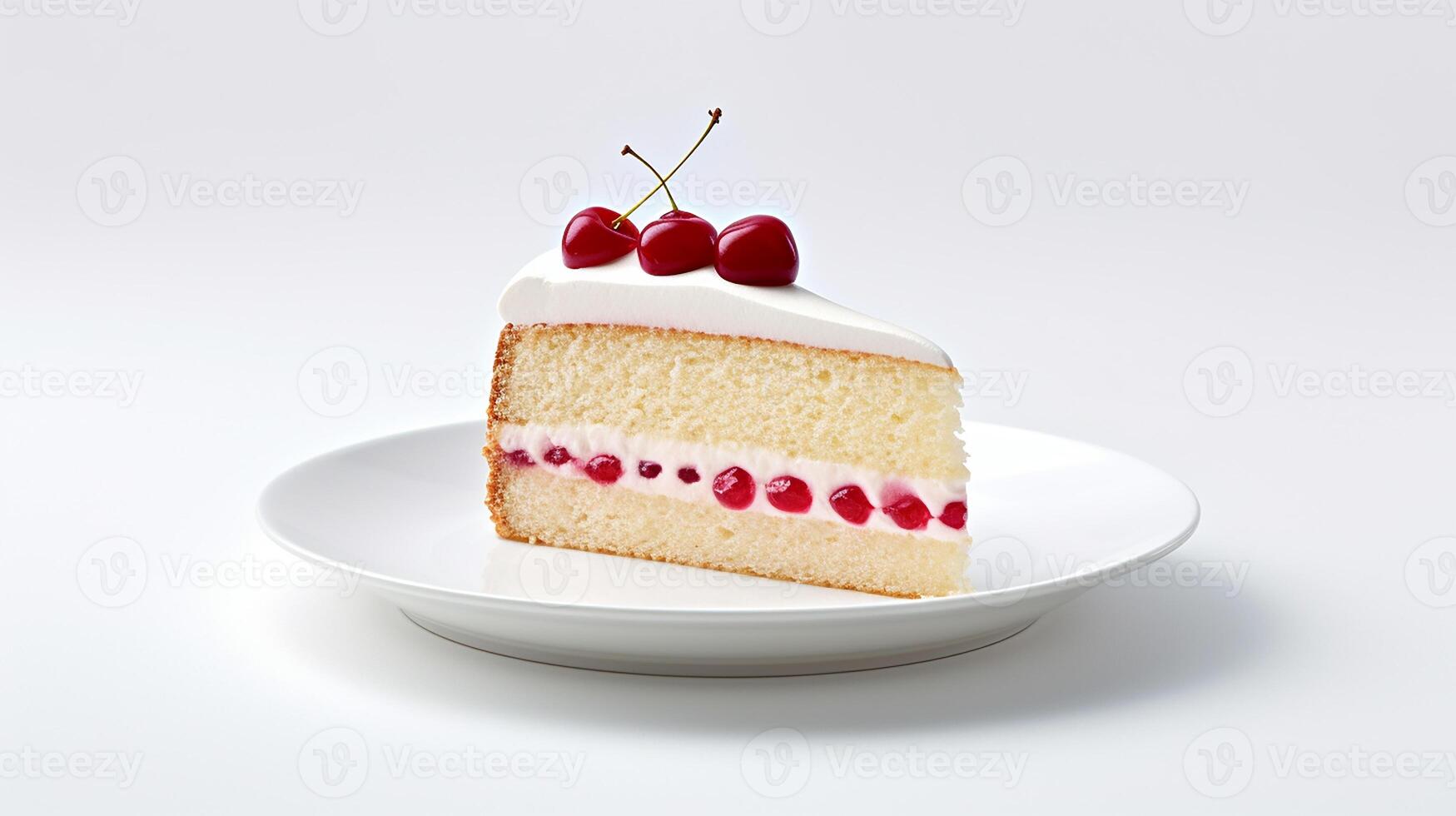 Photo of slice of genoise cake on white plate. Generative AI