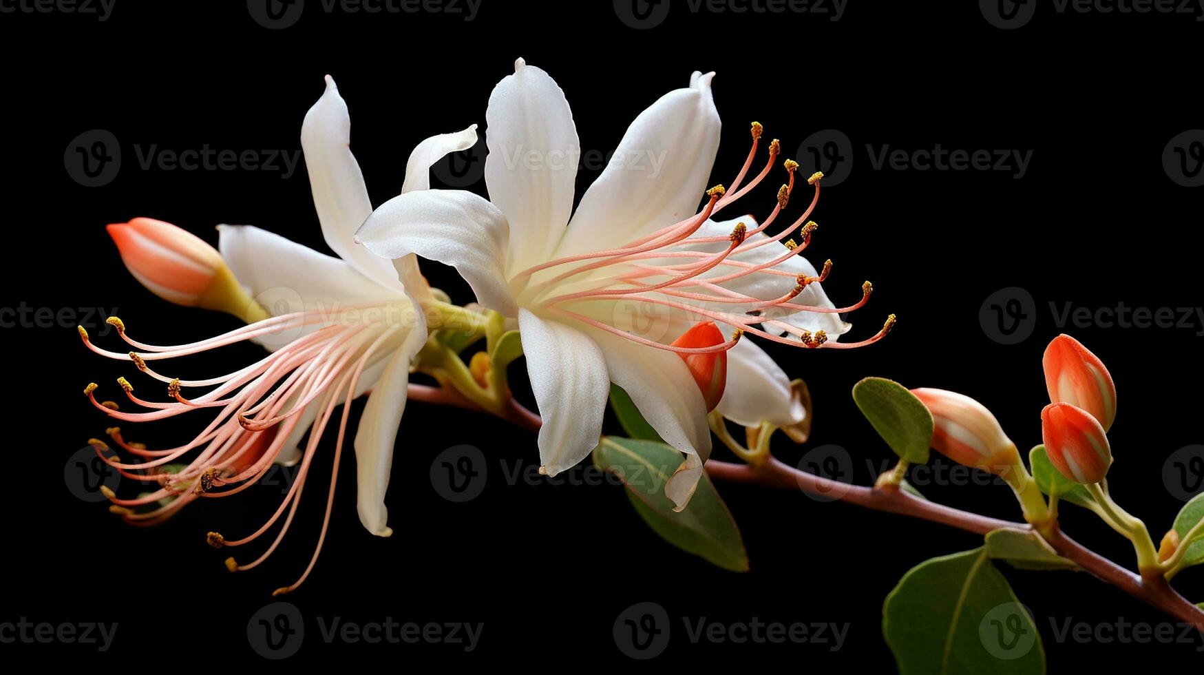 Photo of beautiful Honeysuckle flower isolated on white background. Generative AI