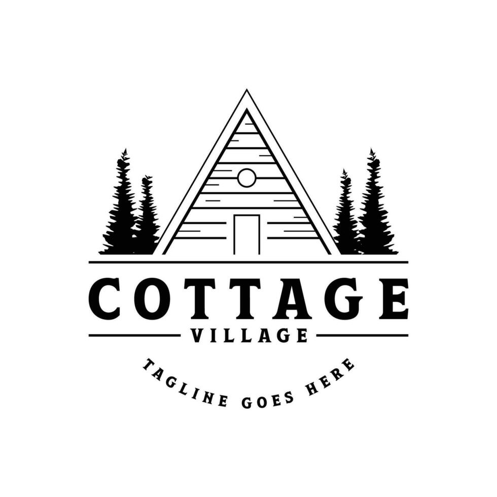 Vintage rustic cabin or cottage logo template design with forest and mountain view. vector