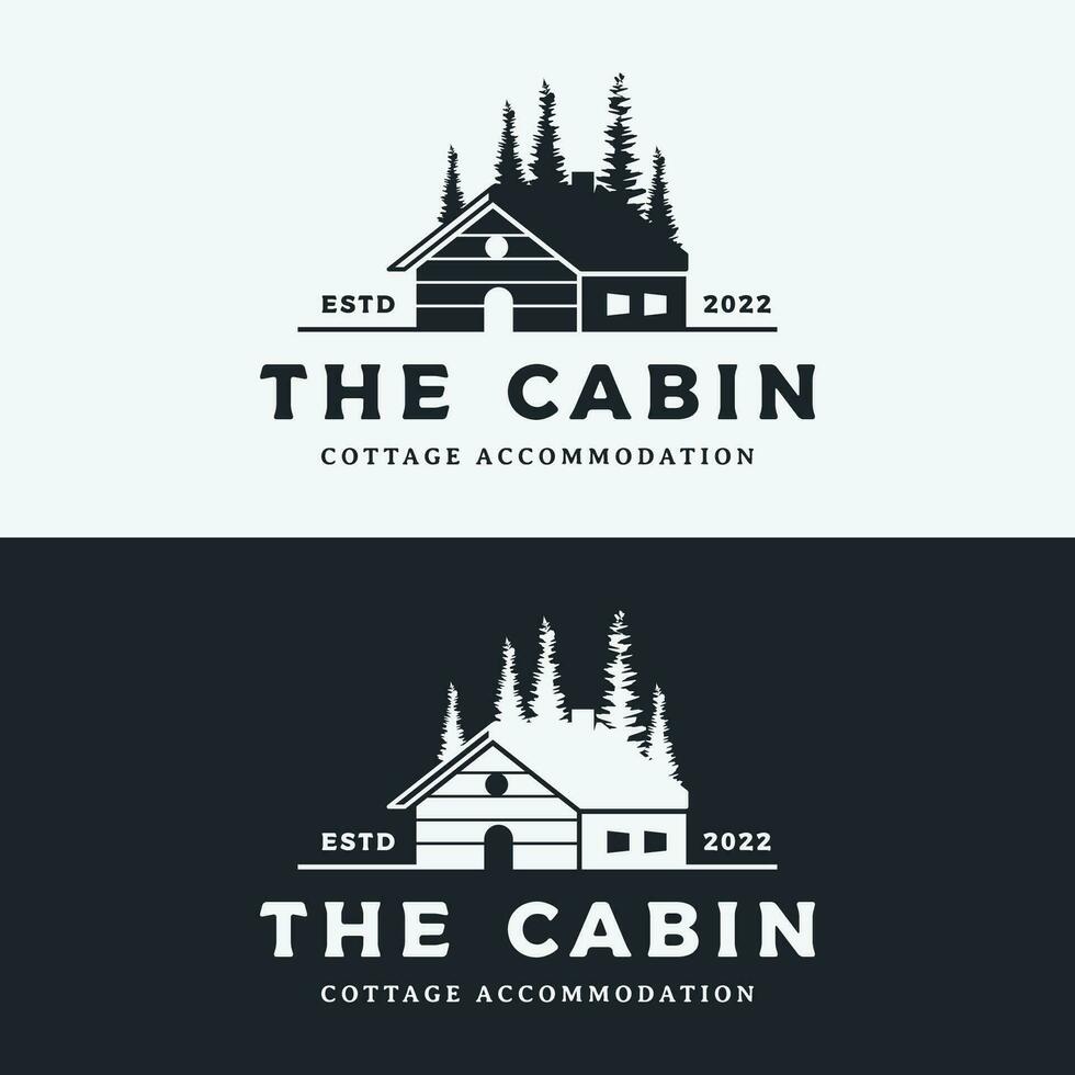 Vintage rustic cabin or cottage logo template design with forest and mountain view. vector