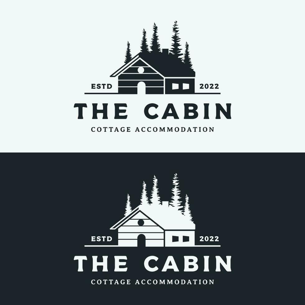 Vintage rustic cabin or cottage logo template design with forest and mountain view. vector