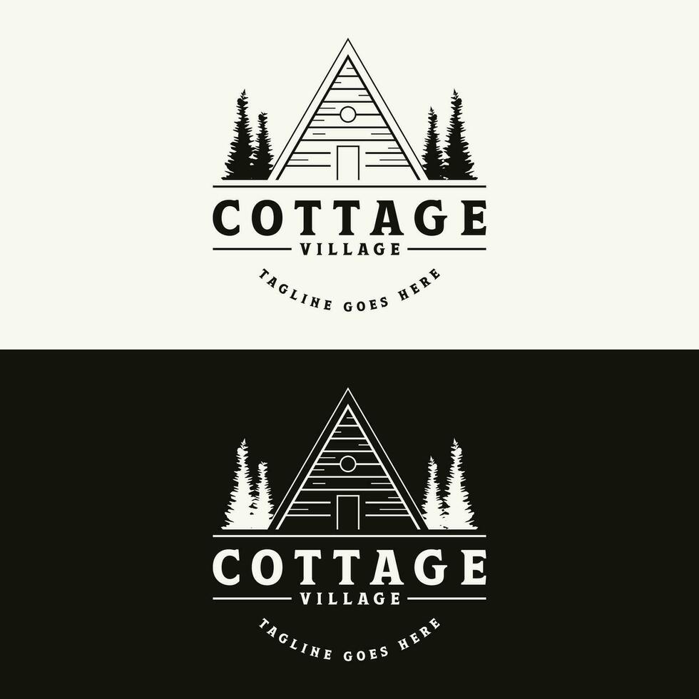 Vintage rustic cabin or cottage logo template design with forest and mountain view. vector