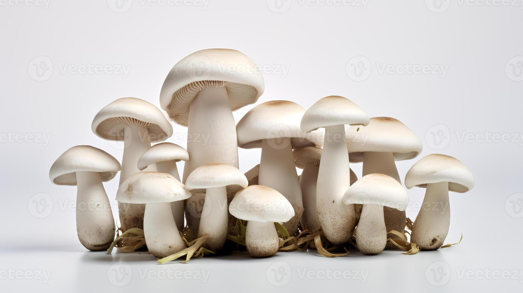 Photo of Mushrooms with roots isolated on white background.