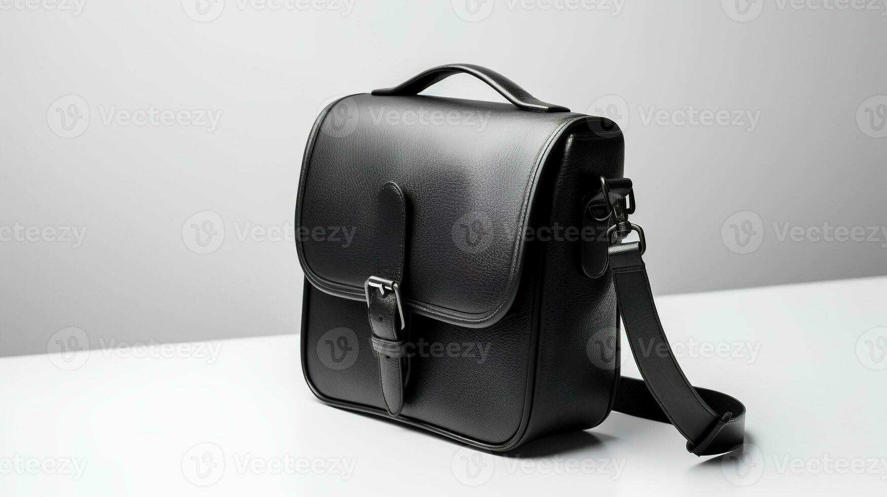 Photo of Minimalist black leather female bag isolated on white background. generative ai