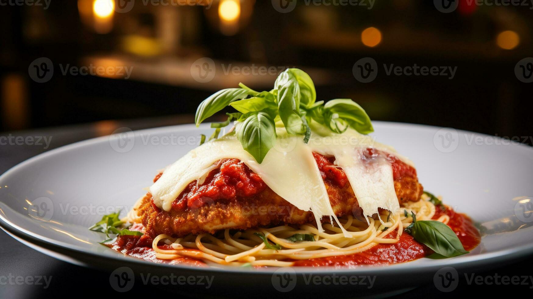 Photo of Chicken Parmesan as a dish in a high-end restaurant. Generative AI