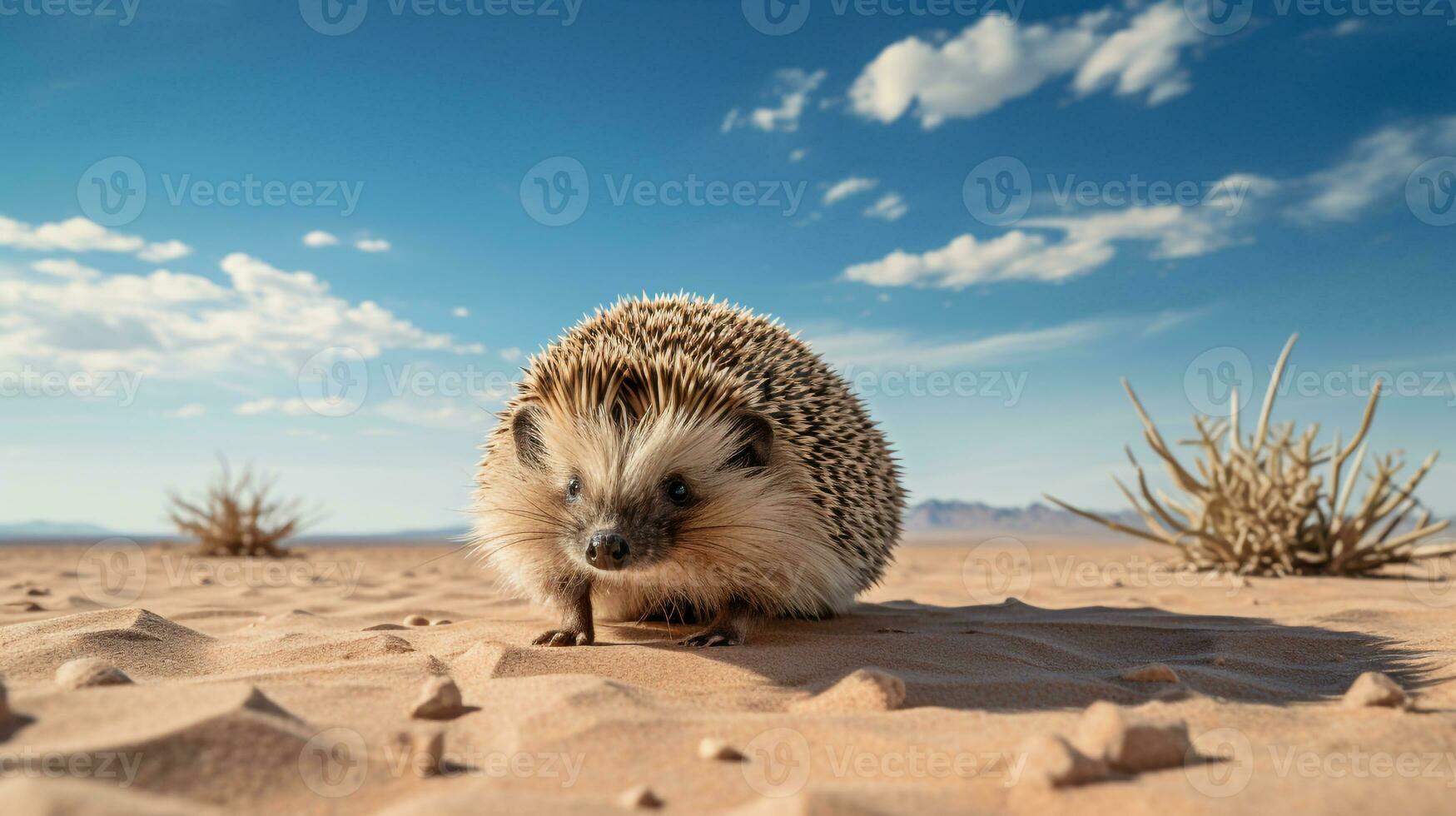 Photo of a Desert Hedgehog in a Desert with blue sky. Generative AI