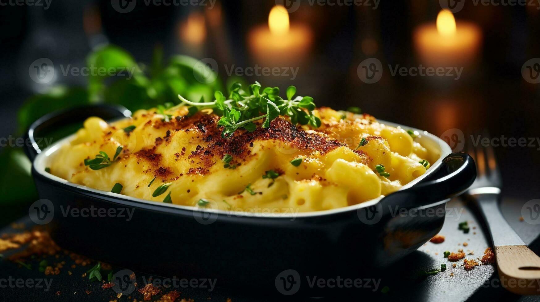 Photo of Gourmet Macaroni and Cheese as a dish in a high-end restaurant. Generative AI