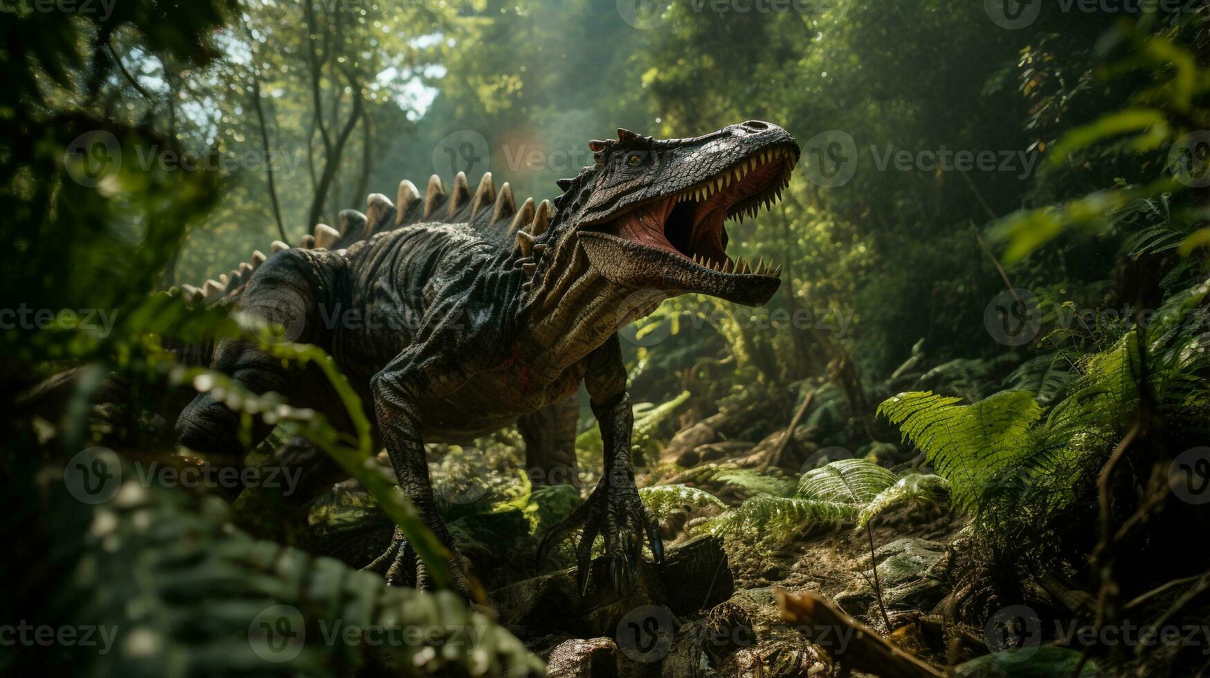 Photo of Spinosaurus Rex in the Jungle. Generative AI