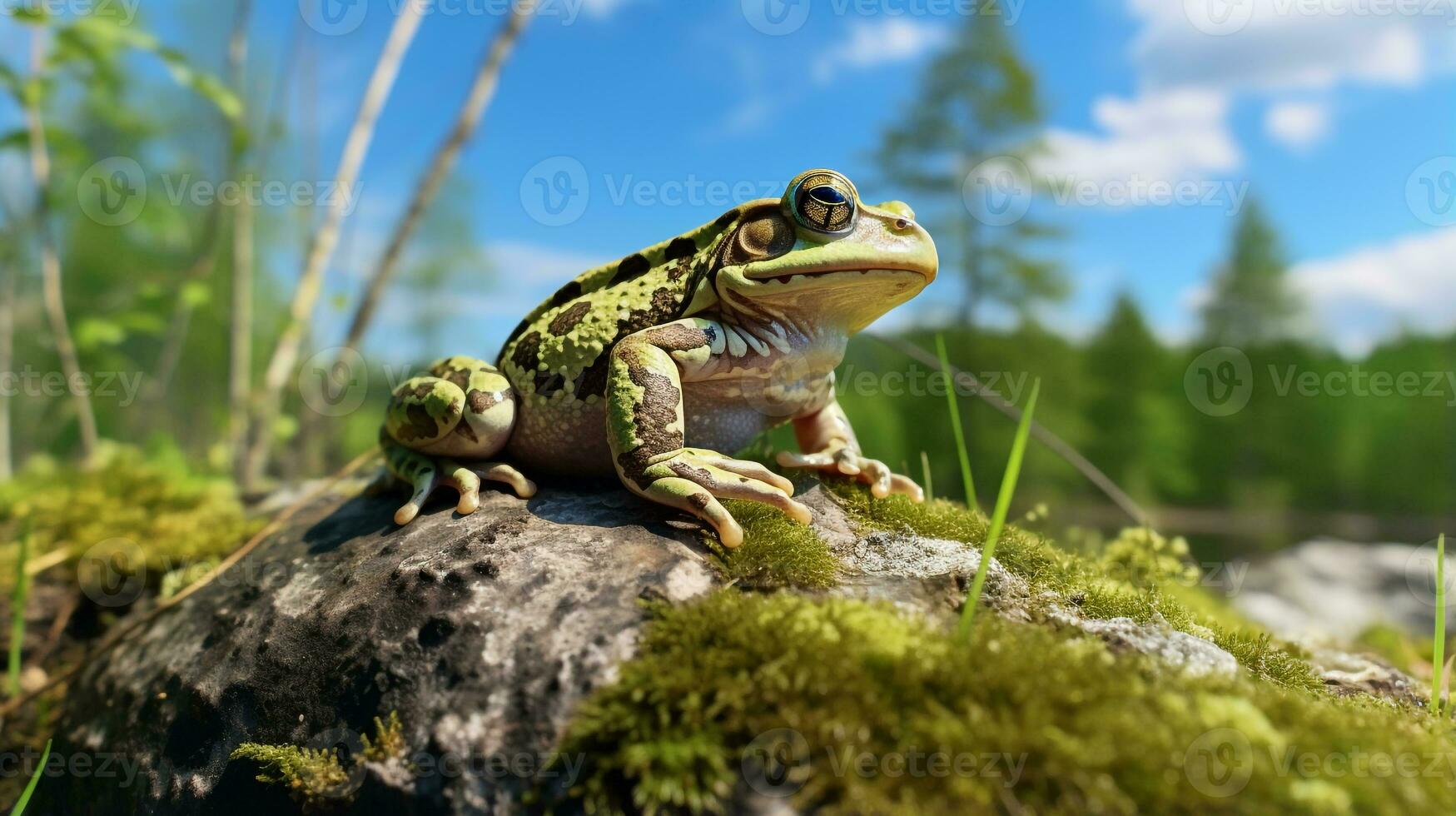 Photo of Frog in ther forest with blue sky. Generative AI