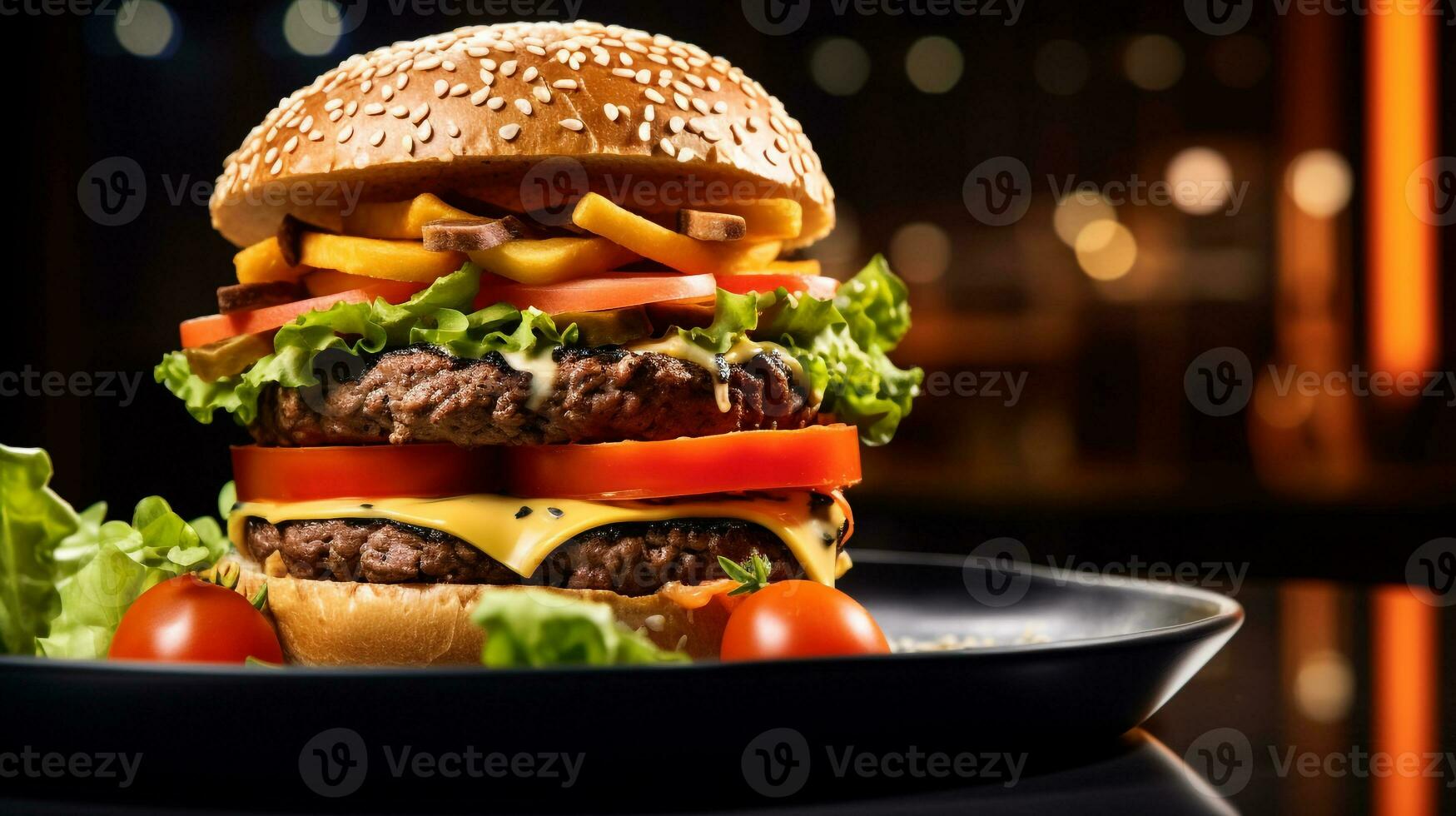 Photo of Hamburger as a dish in a high-end restaurant. Generative AI