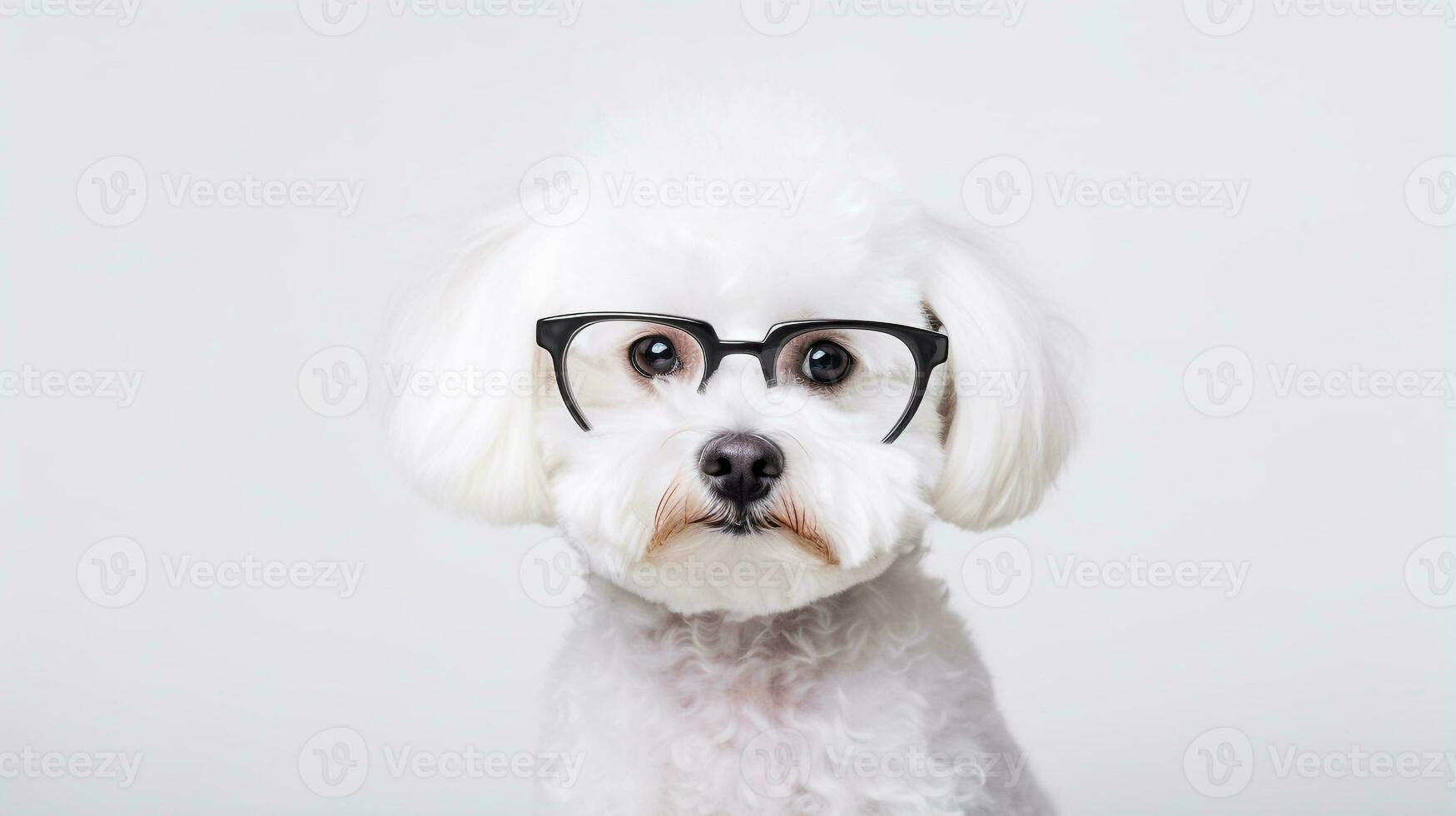 Photo of a Bichon Frise dog using eyeglasses isolated on white background. Generative AI