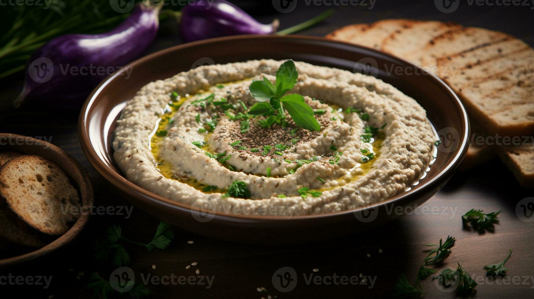 Photo of Baba Ghanoush as a dish in a high-end restaurant. Generative AI