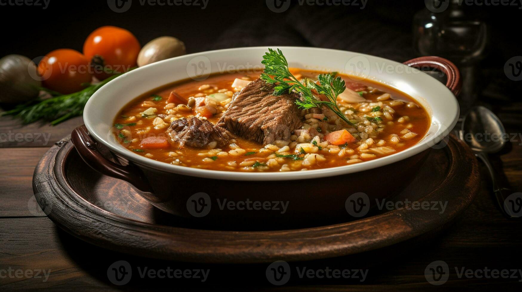 Photo of Beef and Barley Soup as a dish in a high-end restaurant. Generative AI