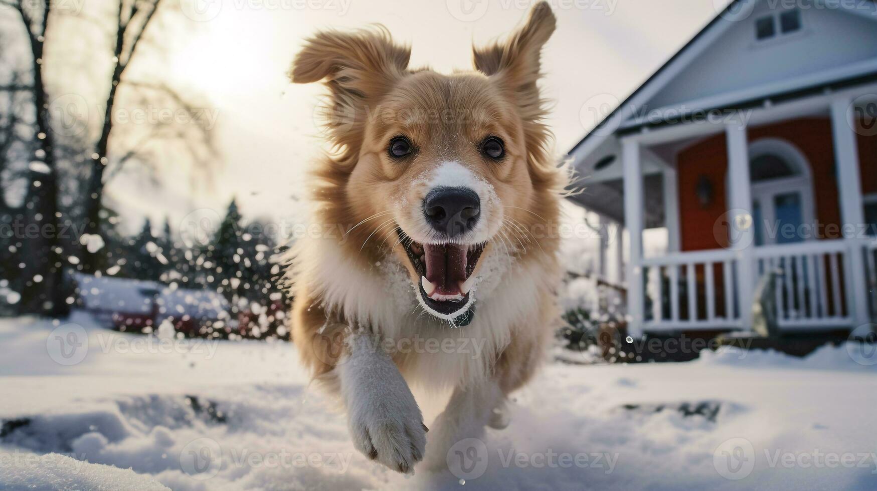 Photo of a dog playing in the snow in front of the house. Generative AI