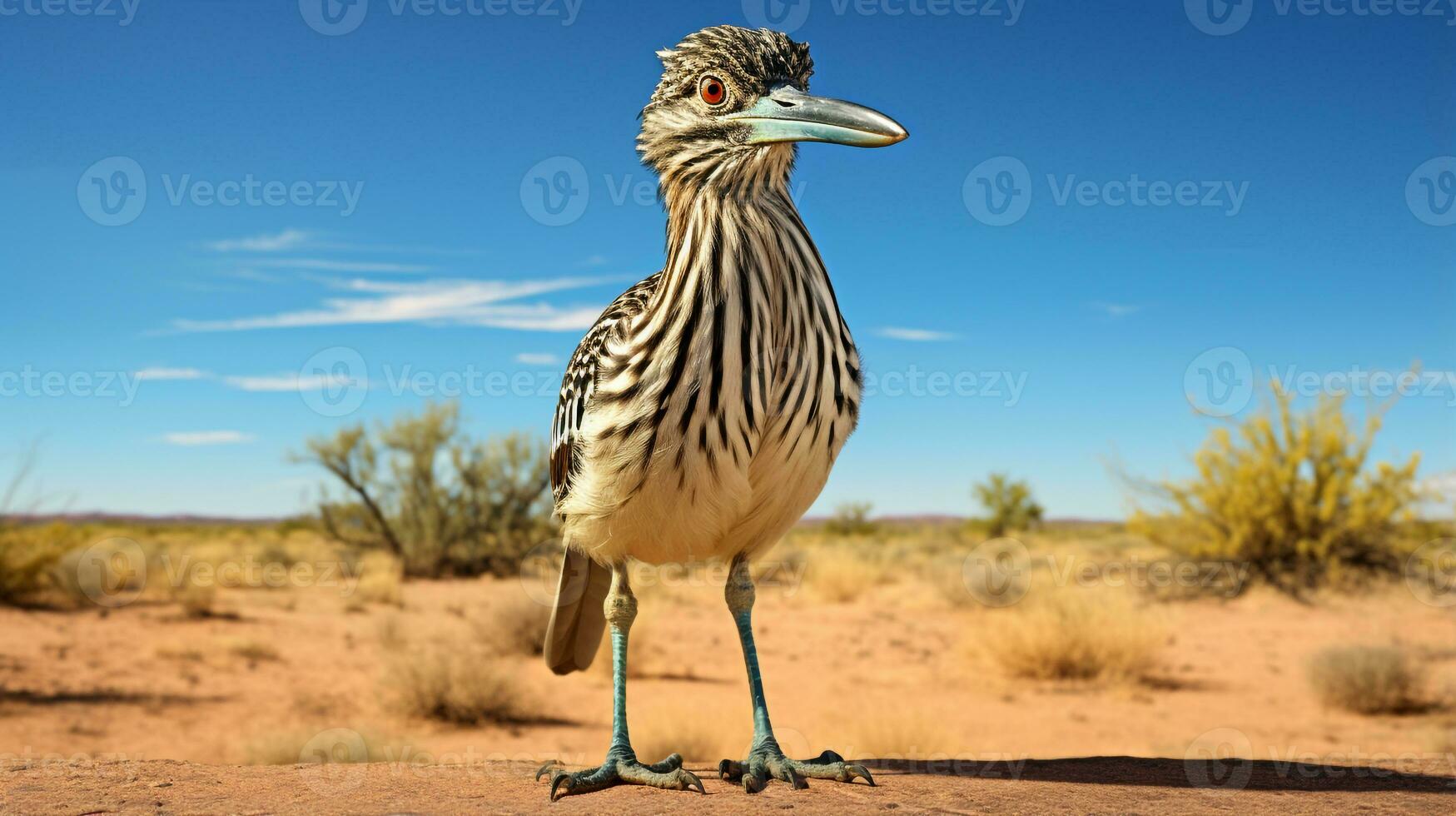 Photo of a Roadrunner in a Desert with blue sky. Generative AI