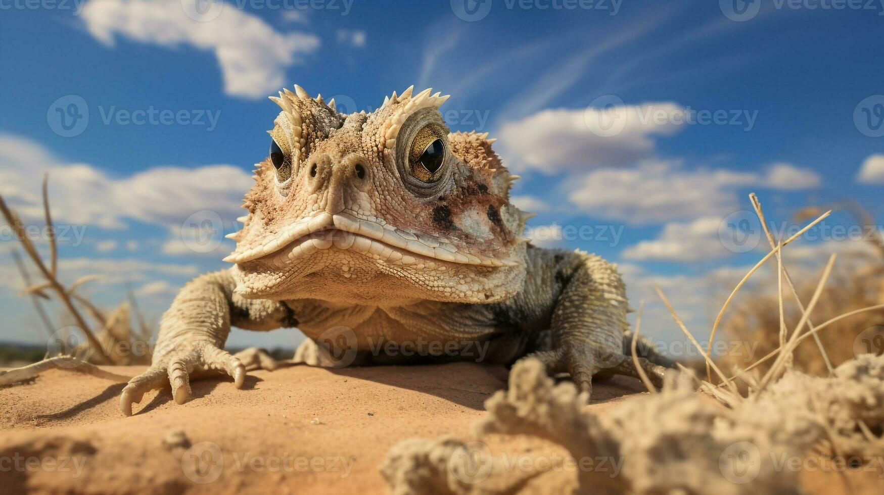 Photo of a Horned Toad in a Desert with blue sky. Generative AI