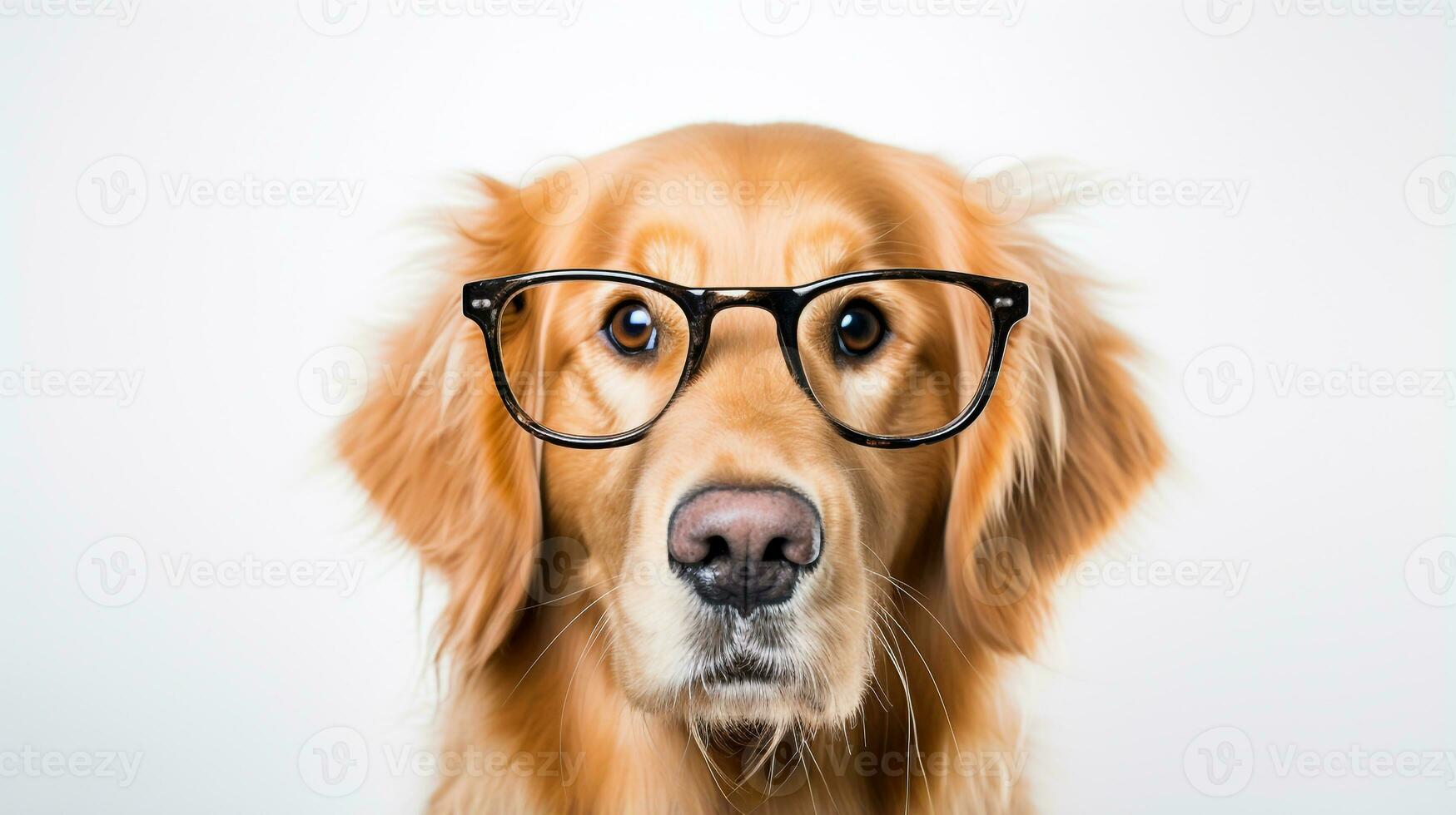Photo of a Golden Retriever dog using eyeglasses isolated on white background. Generative AI