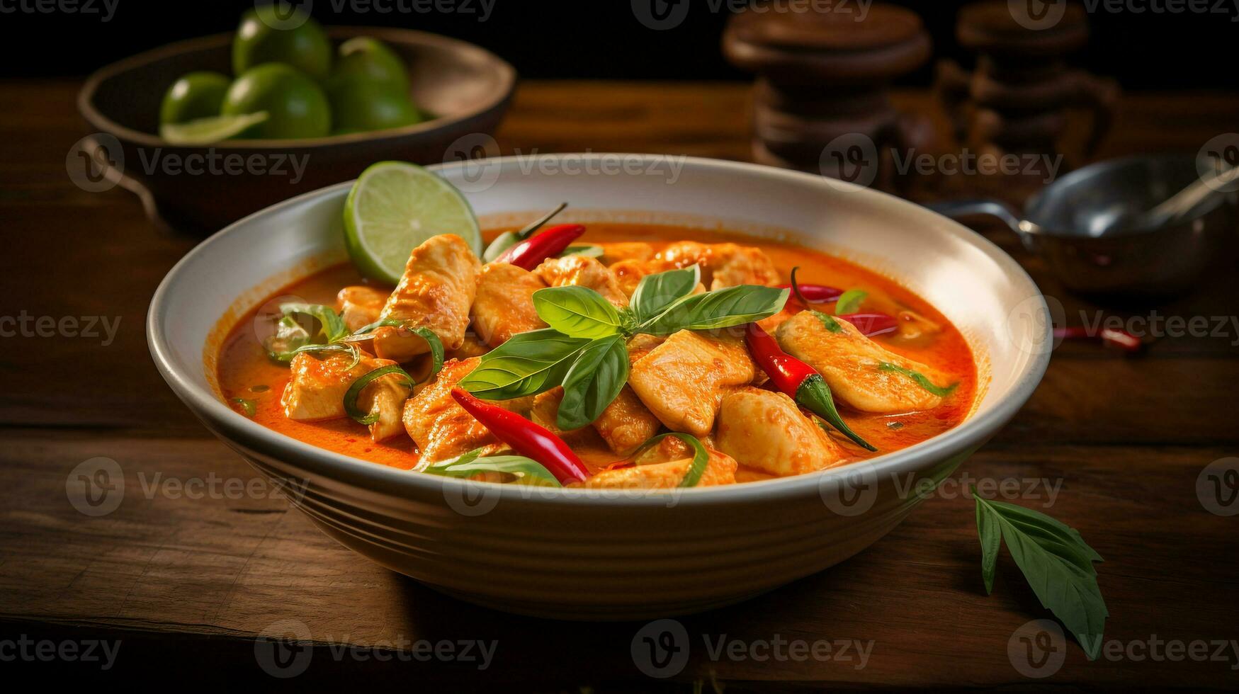 Photo of Red Curry Chicken as a dish in a high-end restaurant. Generative AI