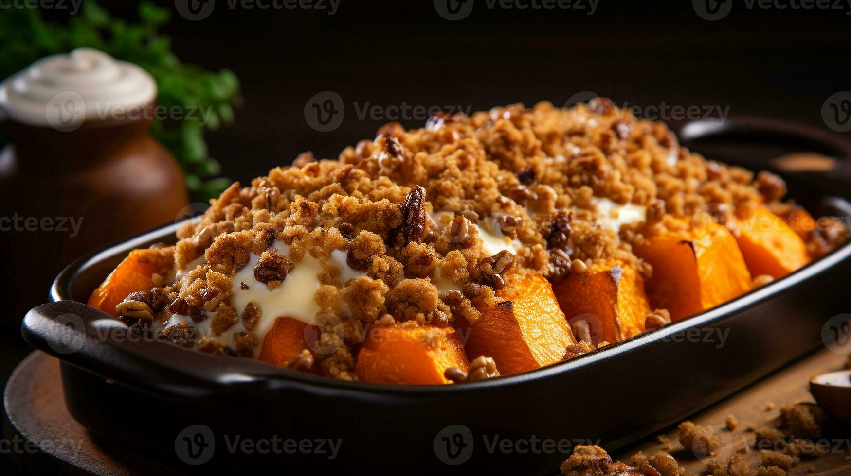 Photo of Sweet Potato Casserole as a dish in a high-end restaurant. Generative AI