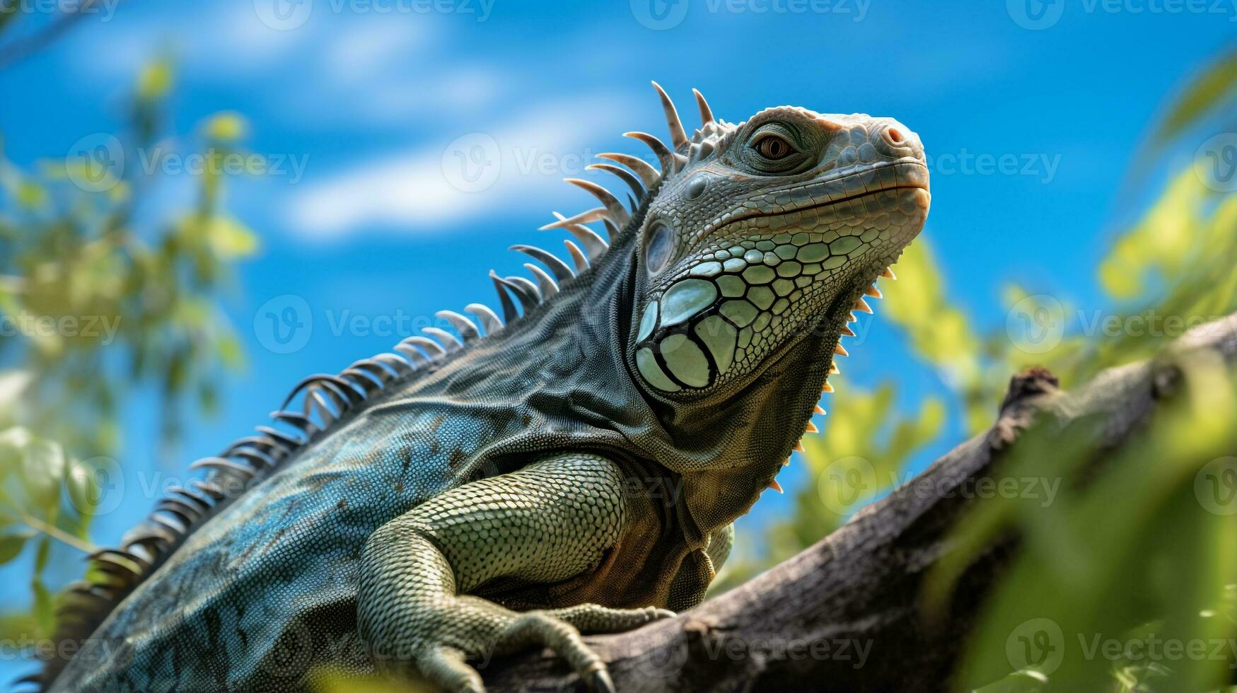 Photo of Iguana in ther forest with blue sky. Generative AI