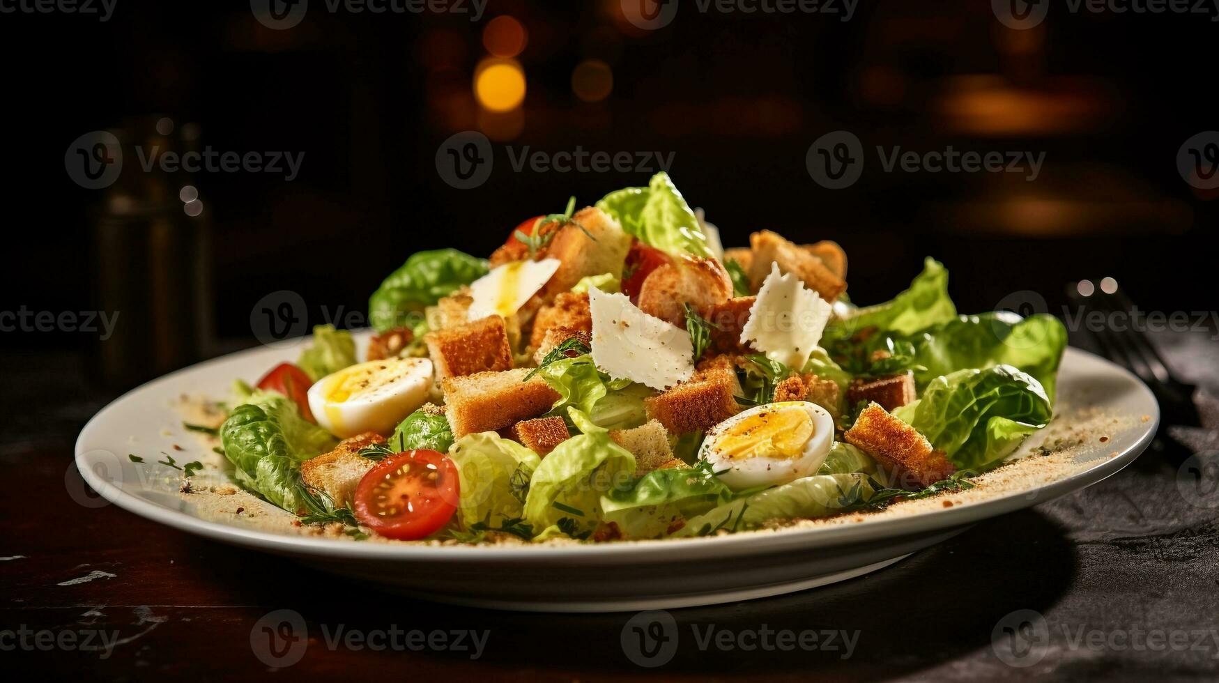 Photo of Caesar Salad as a dish in a high-end restaurant. Generative AI
